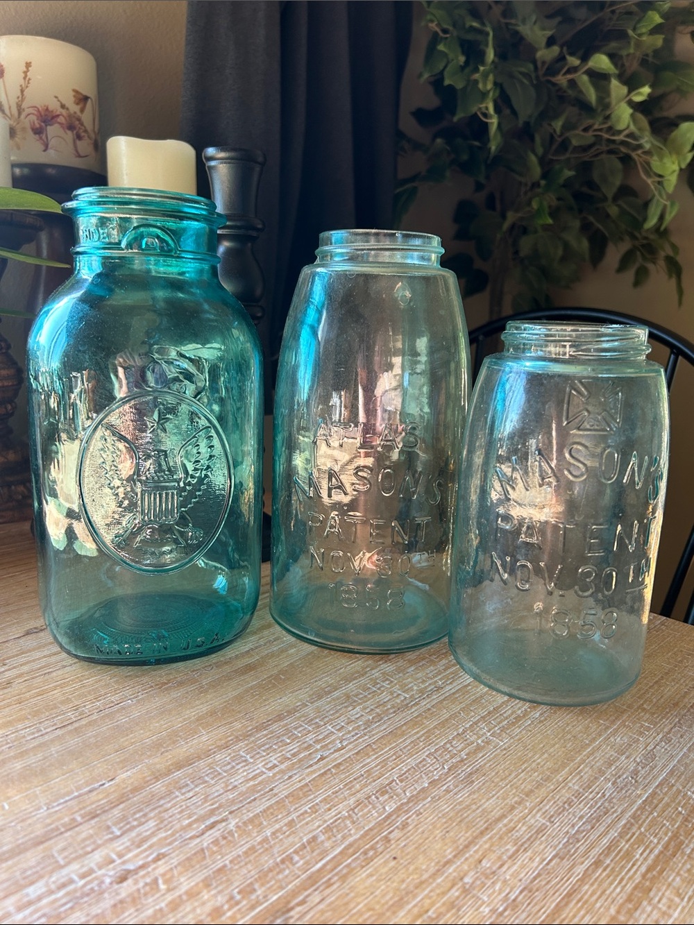 3 Vintage Aqua Blue Mason Jars.